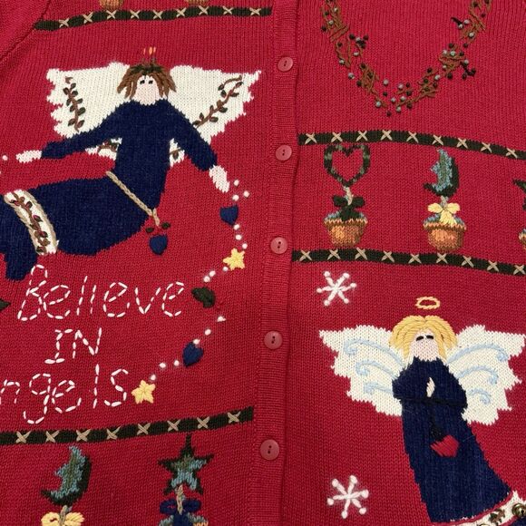 Vintage Quacker Factory Christmas Sweater Angels Cardigan Sz 1X Red Embroidered - Picture 4 of 10